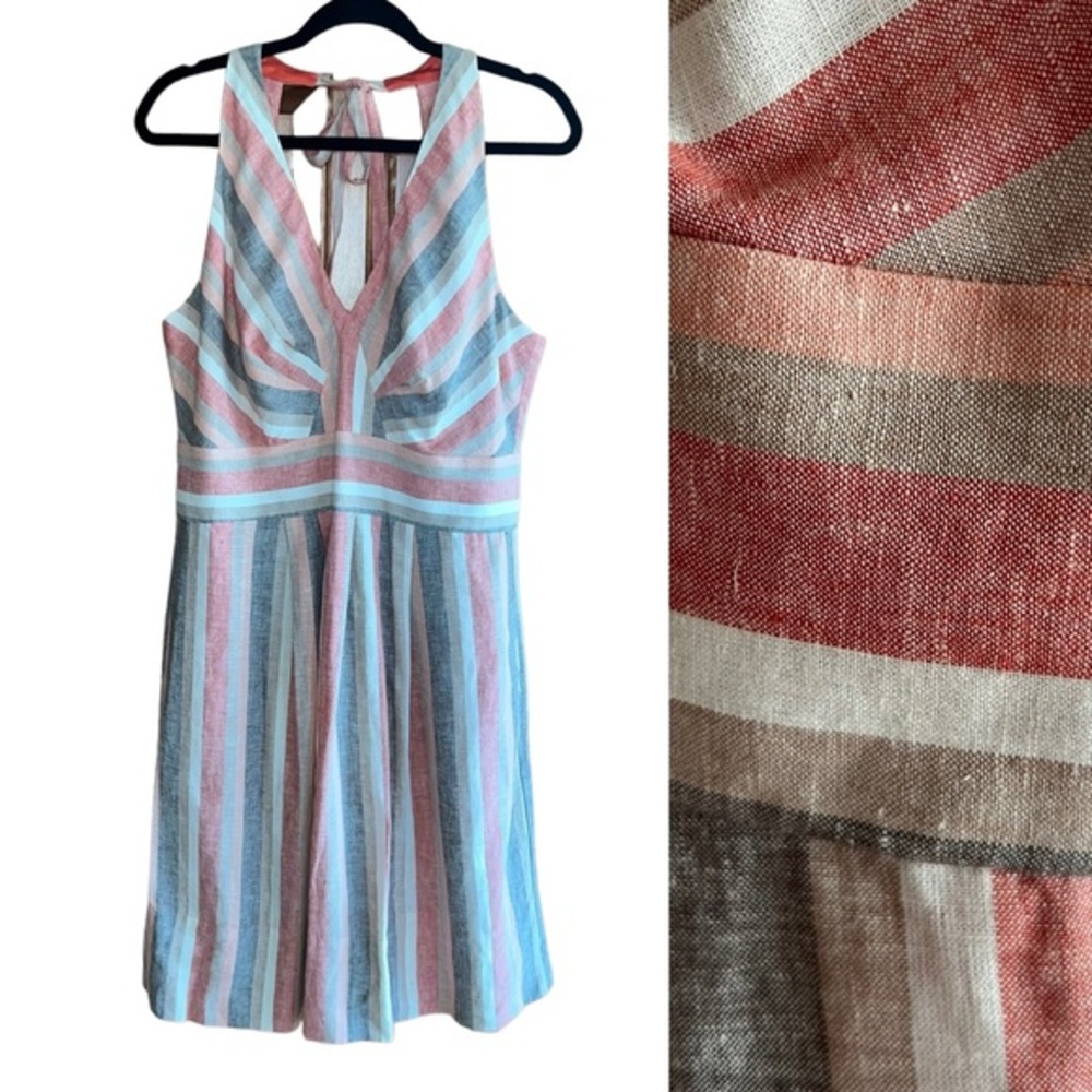 Donna Ricco Midi Halter Dress Size M Grey Coral‎ Striped Linen Blend Pockets